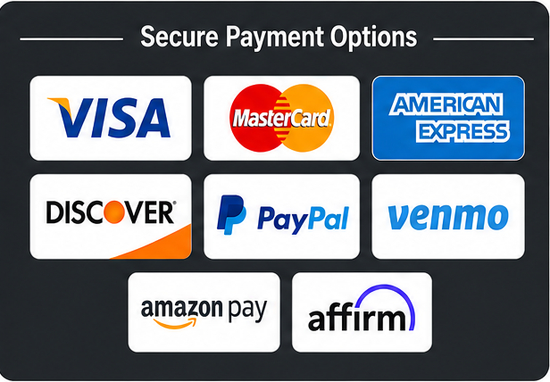 We accept Visa, Mastercard, American Express, Discover, PayPal, Venmo, Amazon Pay and Affirm.